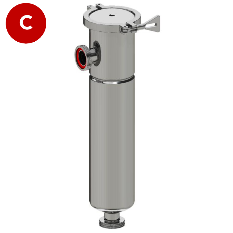 Hygienic bag filter housing for food & beverage applications, 1.5" Triclamp connections, Suitable for Size 4 filter bags (4" x 15"), 316 Stainless Steel)