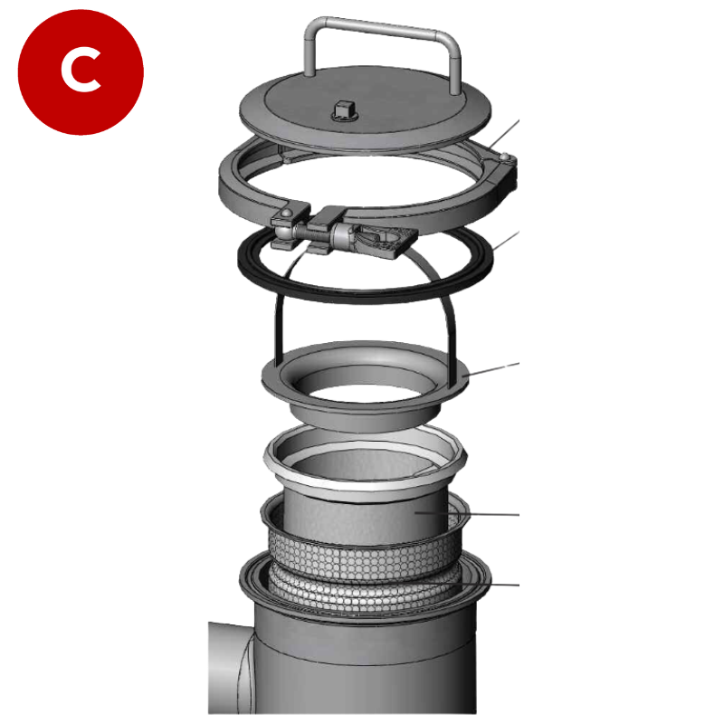 Bag Filter Housing for Size 4 (4" x 15") filter bags, Stainless Steel, Internals,  Part Code ALSI4-10/G40-C2