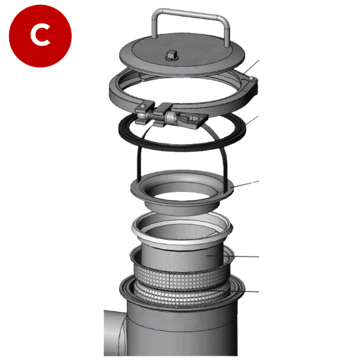 Bag Filter Housing for Size 4 (4" x 15") filter bags, Stainless Steel, Internals,  Part Code ALSI4-10/G40-C2