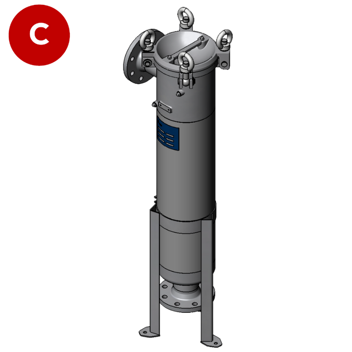 BFOS standard bag filter housing, Suitable for size 2 filter bags, made from stainless steel, 304 SS, bolted & hinged closure,PN16 flange connections, 1/4" vent and drain, mounted on adjustable legs, side inlet/bottom outlet connections, Viton gasket.