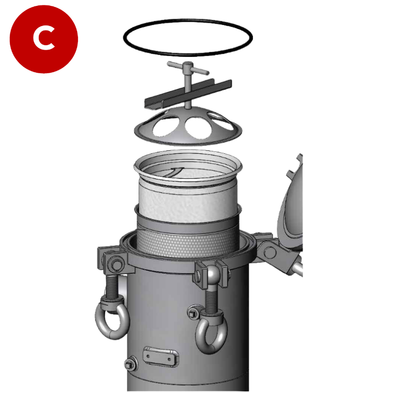 BFOS standard bag filter housing, Suitable for size 2 filter bags, stainless steel, bolted & hinged closure,  1/4" vent and drain, mounted on adjustable legs, side inlet/bottom outlet connections, Viton gasket