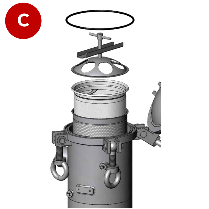 BFOS standard bag filter housing, Suitable for size 2 filter bags, stainless steel, bolted & hinged closure,  1/4" vent and drain, mounted on adjustable legs, side inlet/bottom outlet connections, Viton gasket