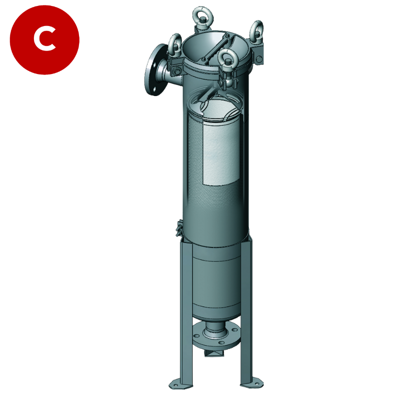 BFOS standard bag filter housing, Suitable for size 2 filter bags, made from stainless steel, 304 SS, bolted & hinged closure,PN16 flange connections, 1/4" vent and drain, mounted on adjustable legs, side inlet/bottom outlet connections, Viton gasket.