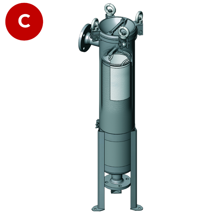 BFOS standard bag filter housing, Suitable for size 2 filter bags, made from stainless steel, 304 SS, bolted & hinged closure,PN16 flange connections, 1/4" vent and drain, mounted on adjustable legs, side inlet/bottom outlet connections, Viton gasket.