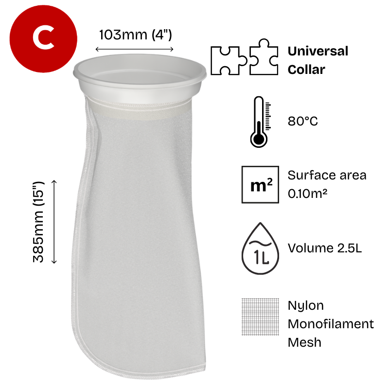 400 micron filter bag, 4" diameter x 15" long, Size 4, Nylon monofilament mesh, Universal W collar, Part code CB-NM4004WN-FB