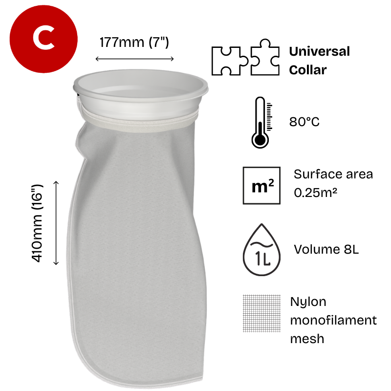 1000 micron  Filter bag,  Nylon mesh, 7" diameter x 16" long, Size 1, Part Code CB-NM10001WN-FB