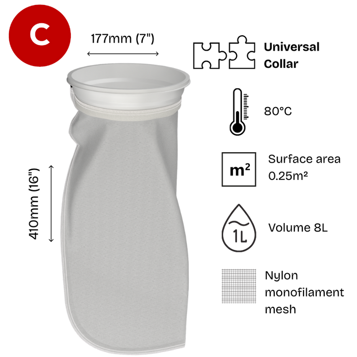 1000 micron  Filter bag,  Nylon mesh, 7" diameter x 16" long, Size 1, Part Code CB-NM10001WN-FB