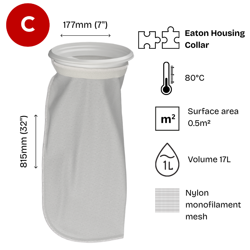 125 micron  Filter bag,  Nylon mesh, 7" diameter x 32" long, Size 2, Eaton/Gaff bag replacement, Part Code CB-NM1252HN-FB
