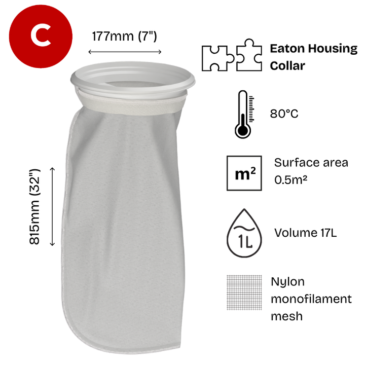 125 micron  Filter bag,  Nylon mesh, 7" diameter x 32" long, Size 2, Eaton/Gaff bag replacement, Part Code CB-NM1252HN-FB