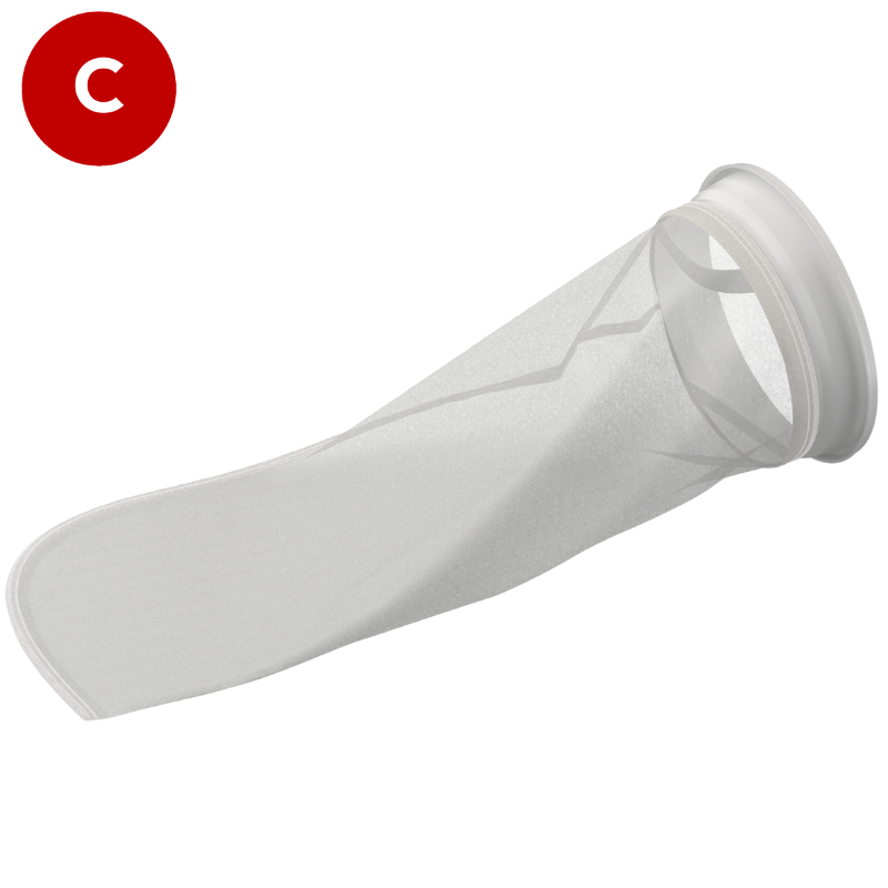 Size 2 Nylon mesh filter bag, from a side on angle, featuring a white plastic W collar.