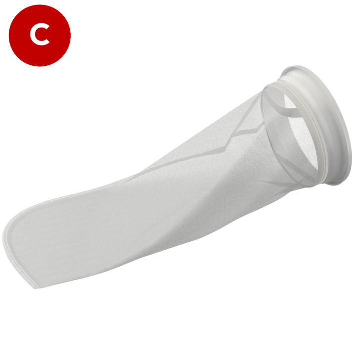 Size 2 Nylon mesh filter bag, from a side on angle, featuring a white plastic W collar.