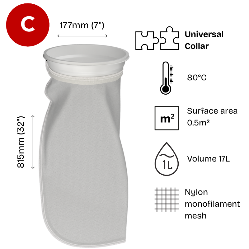 Size 2 Nylon mesh filter bag, at a vertical angle , featuring a white plastic W collar.