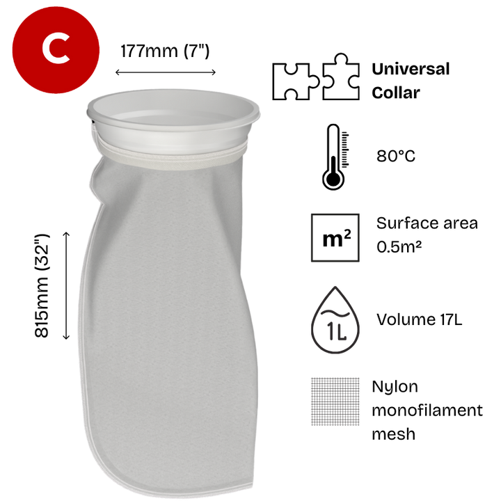 Size 2 Nylon mesh filter bag, at a vertical angle , featuring a white plastic W collar.