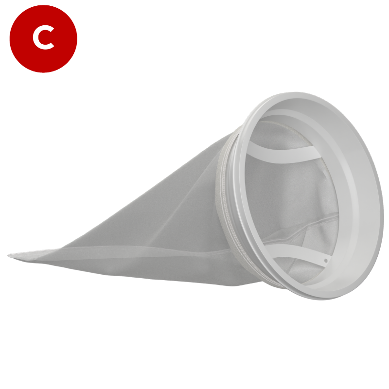 Size 2 Nylon mesh filter bag, from a front angle, featuring a white plastic W collar and 2 handles.