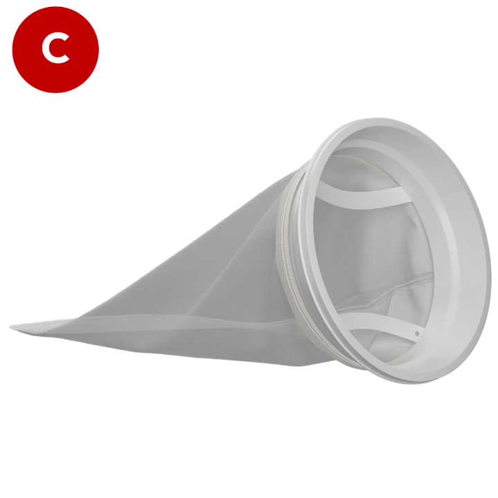 Size 2 Nylon mesh filter bag, from a front angle, featuring a white plastic W collar and 2 handles.