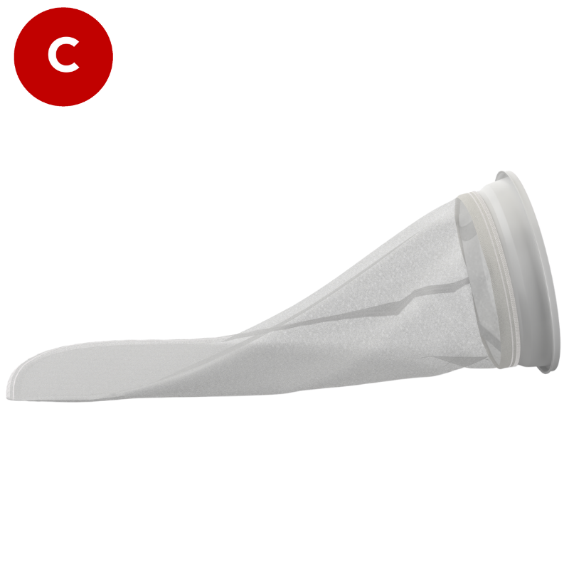 Size 2 Nylon mesh filter bag, from a side on angle, featuring a white plastic W collar.