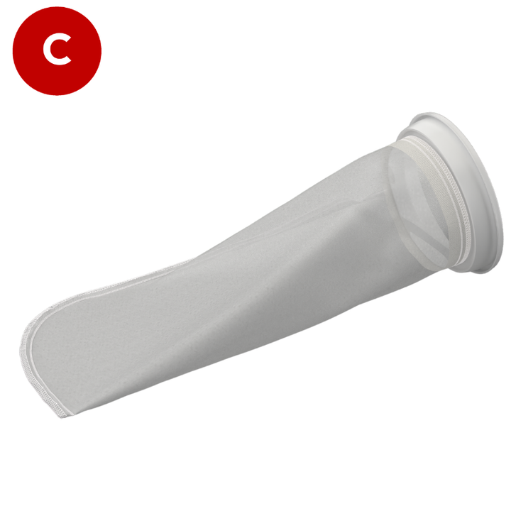 100 micron filter bag, 4" diameter x 9" long, Size 3, Nylon monofilament mesh, Universal W collar, Part code CB-NM1003WR-FB
