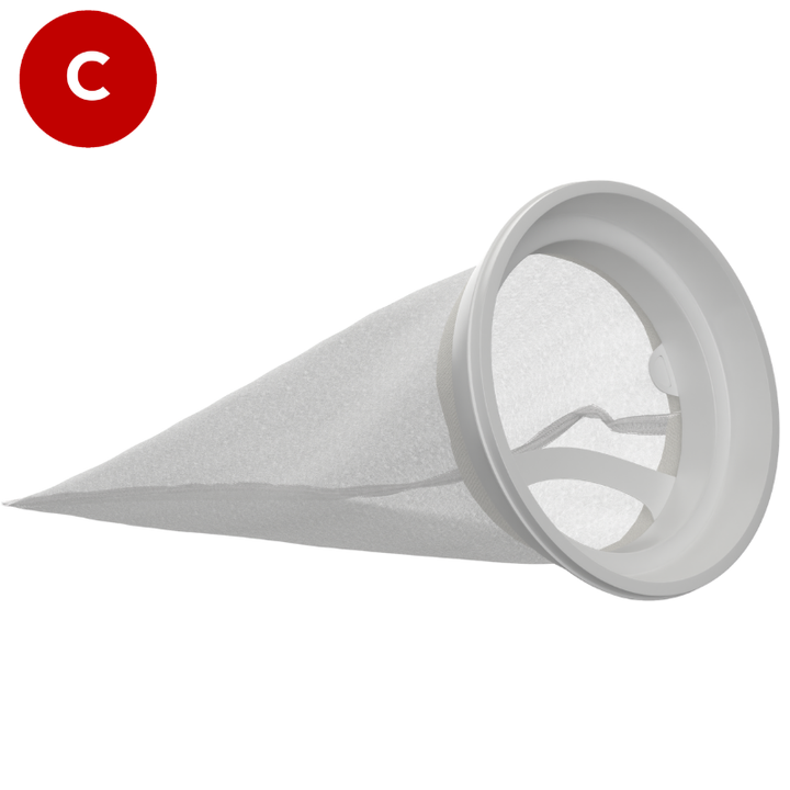 100 micron filter bag, 4" diameter x 9" long, Size 3, Nylon monofilament mesh, Universal W collar, Part code CB-NM1003WR-FB