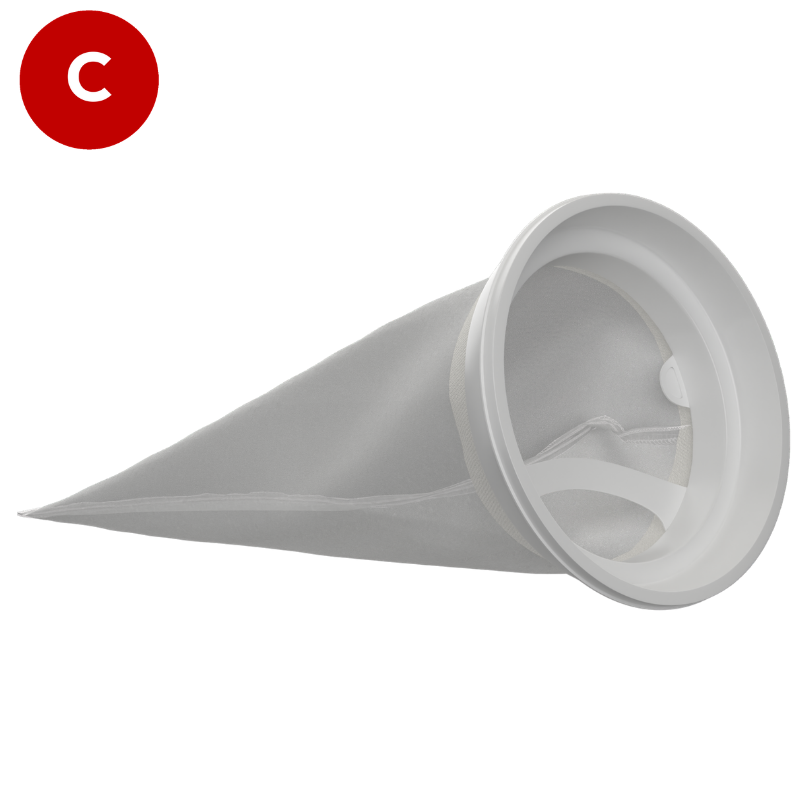 100 micron filter bag, 4" diameter x 9" long, Size 3, Nylon monofilament mesh, Universal W collar, Part code CB-NM1003WR-FB