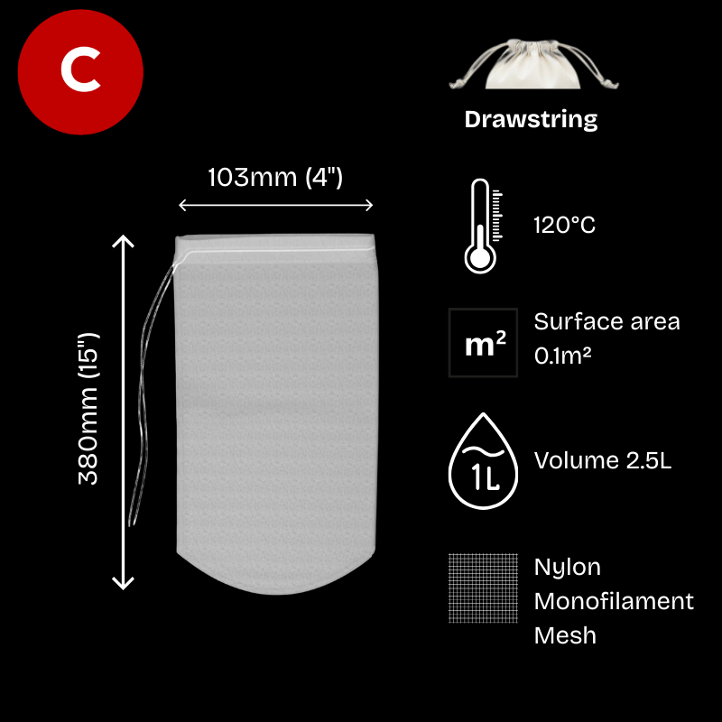 100 micron filter bag, 4" diameter x 15" long, Size 4,  Nylon monofilament mesh, Drawstring, Part code CB-NM1004DR-FB