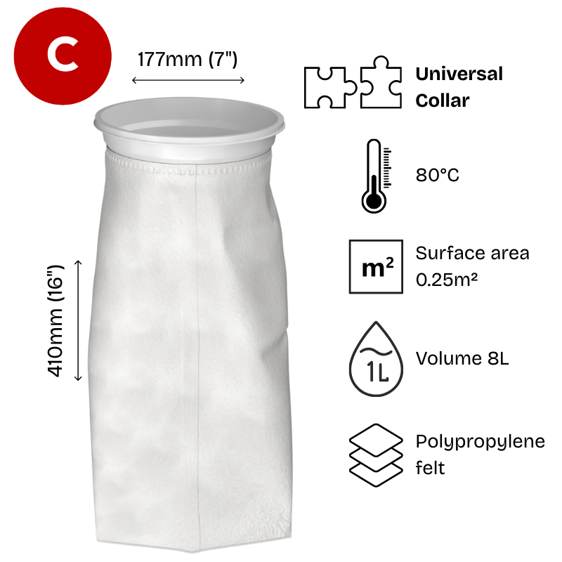 Size 1 Polypropylene felt filter bag, at a vertical angle , featuring a white plastic W collar.
