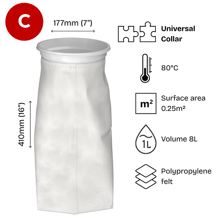 CLARIBag Filter bag, 10 micron, Size 1 (7" diameter x 16" long), Polypropylene felt, Universal moulded collar W Type, suitable for industrial and food use, CB-PPF101WN-FB