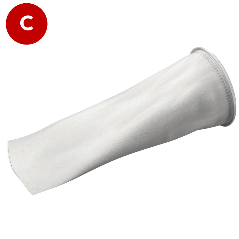 Size 2 Polypropylene felt filter bag, from a side angle, featuring a white plastic H collar.
