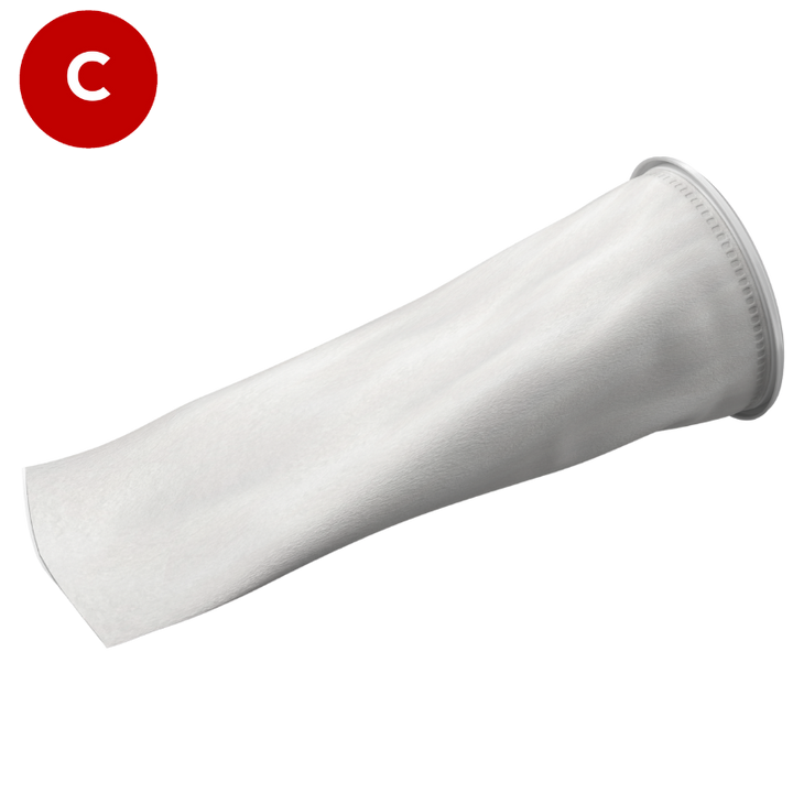 Size 2 Polypropylene felt filter bag, from a side angle, featuring a white plastic H collar.
