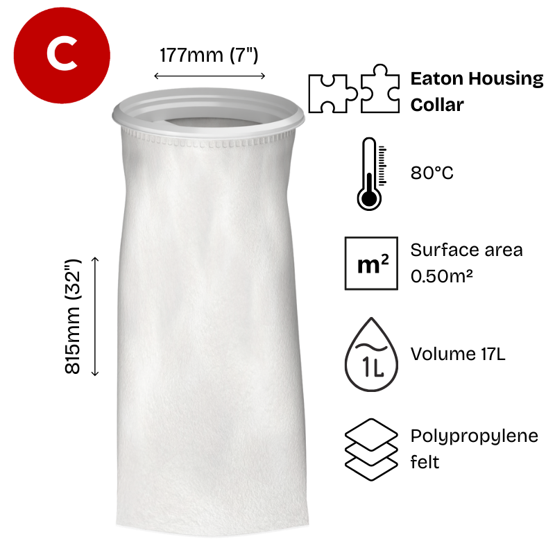 Size 2 Polypropylene felt filter bag, at a vertical angle , featuring a white plastic H collar.