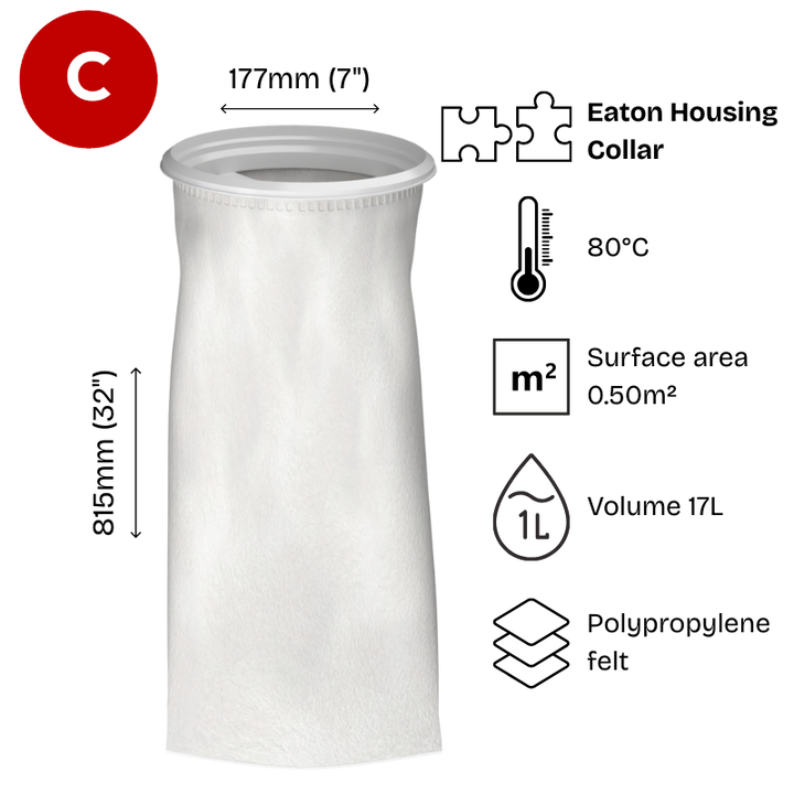 Size 2 Polypropylene felt filter bag, at a vertical angle , featuring a white plastic H collar.