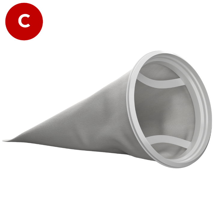 Size 2 Polypropylene felt filter bag, from a front angle, featuring a white plastic H collar and 2 handles.