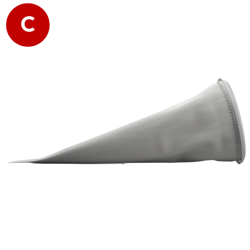 Size 2 Polypropylene felt filter bag, from a side angle, featuring a white plastic H collar.
