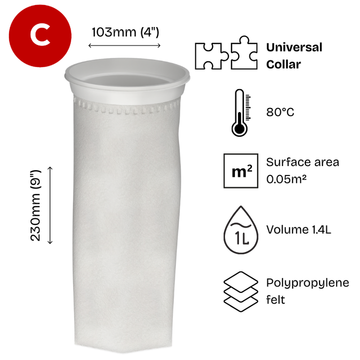 5 micron filter bag, 4" diameter x 9" long, Size 3,   Polypropylene felt, Universal W collar, Part code CB-PPF53WN-FB