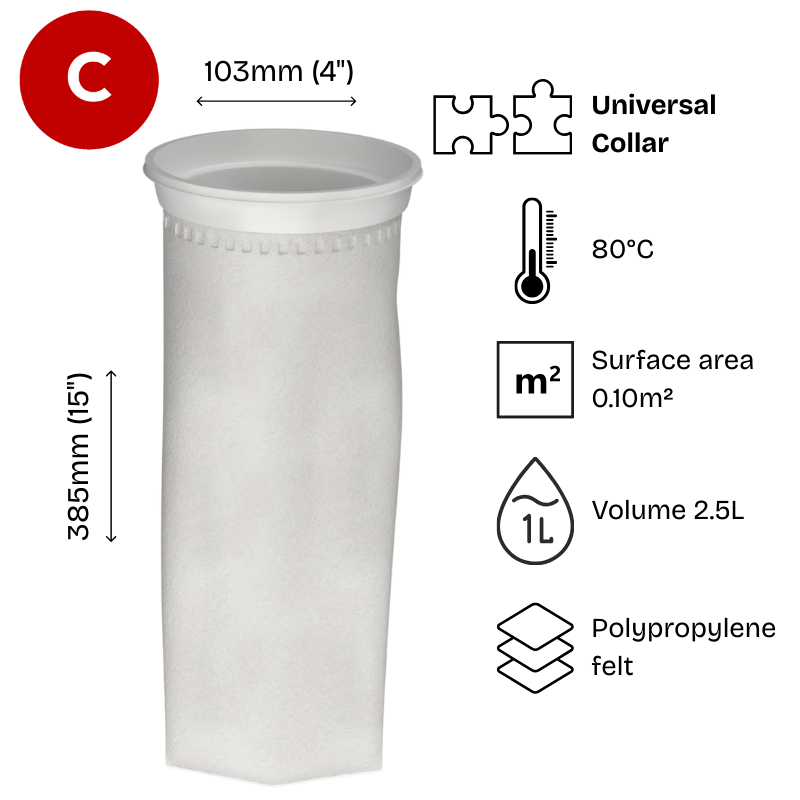 Size 4 Polypropylene felt Filter bag, at a verticle angle, featuring a white plastic W collar.